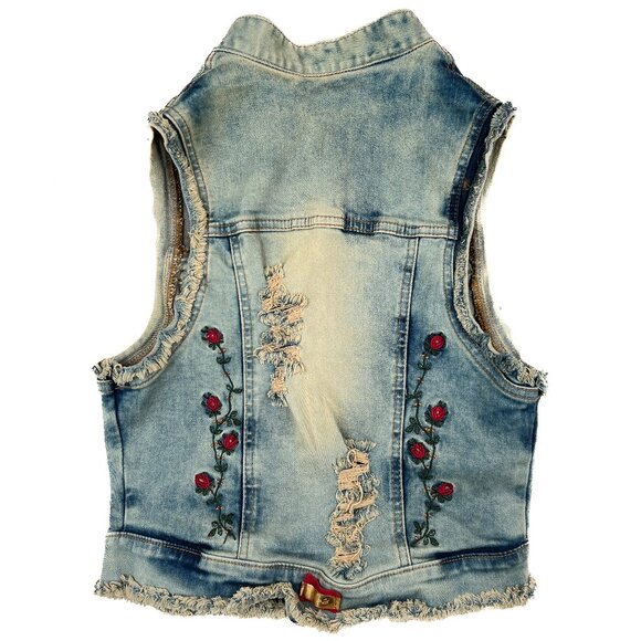 '90s Vintage Acid-Wash Rose Embroidered Destroyed Goth Denim Jeans Vest Size 6 - Picture 7 of 13